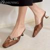 Fashion Square Toe Slippers Women Heeled Sandals Crystal Mules Mid Heels Shoes Summer 2025 New Elegant Dress Party Trend Pumps Mujer