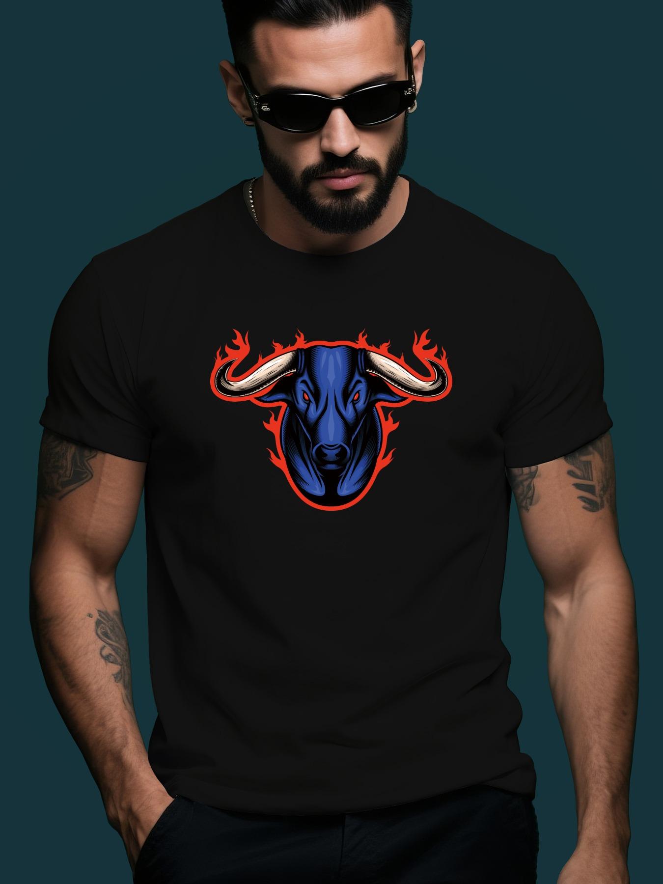 Flame Bull Head Illustration Trendy Streetwear Summer Cas... XXXXL