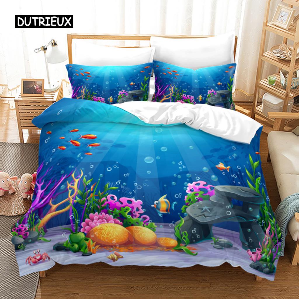 Ocean Duvet Cover Set Polyester Underwater World Clownfish Shark Quilt Cover Sea Animal Theme Double Queen King Size Bedding Set