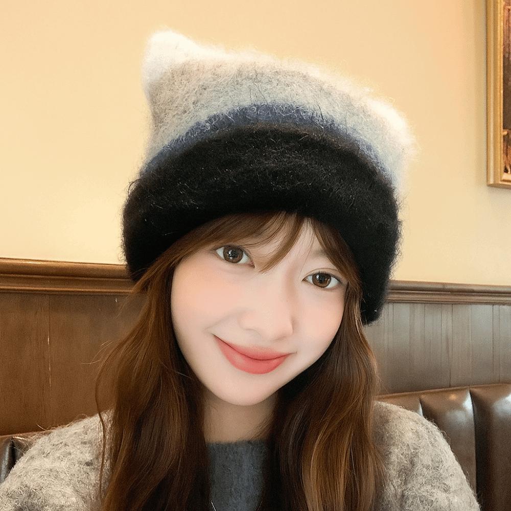 Rainbow Cat Ears Pullover Hat Gradient Woolen Knitted Hat Cute Striped Bucket Hat  Autumn Winter