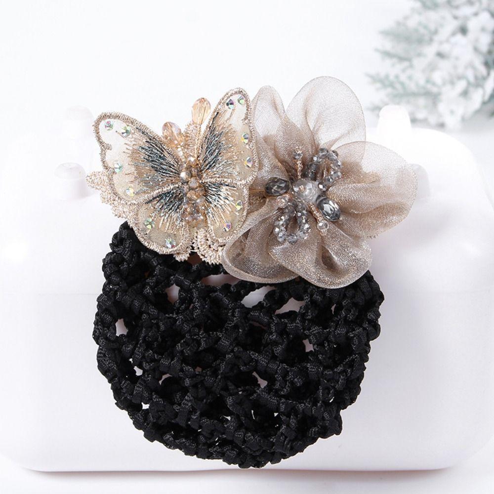Butterfly Flower Elastic Hair Net Rhinestone Beads Decor Hair Bun Holder  Hotel Staff Uniform