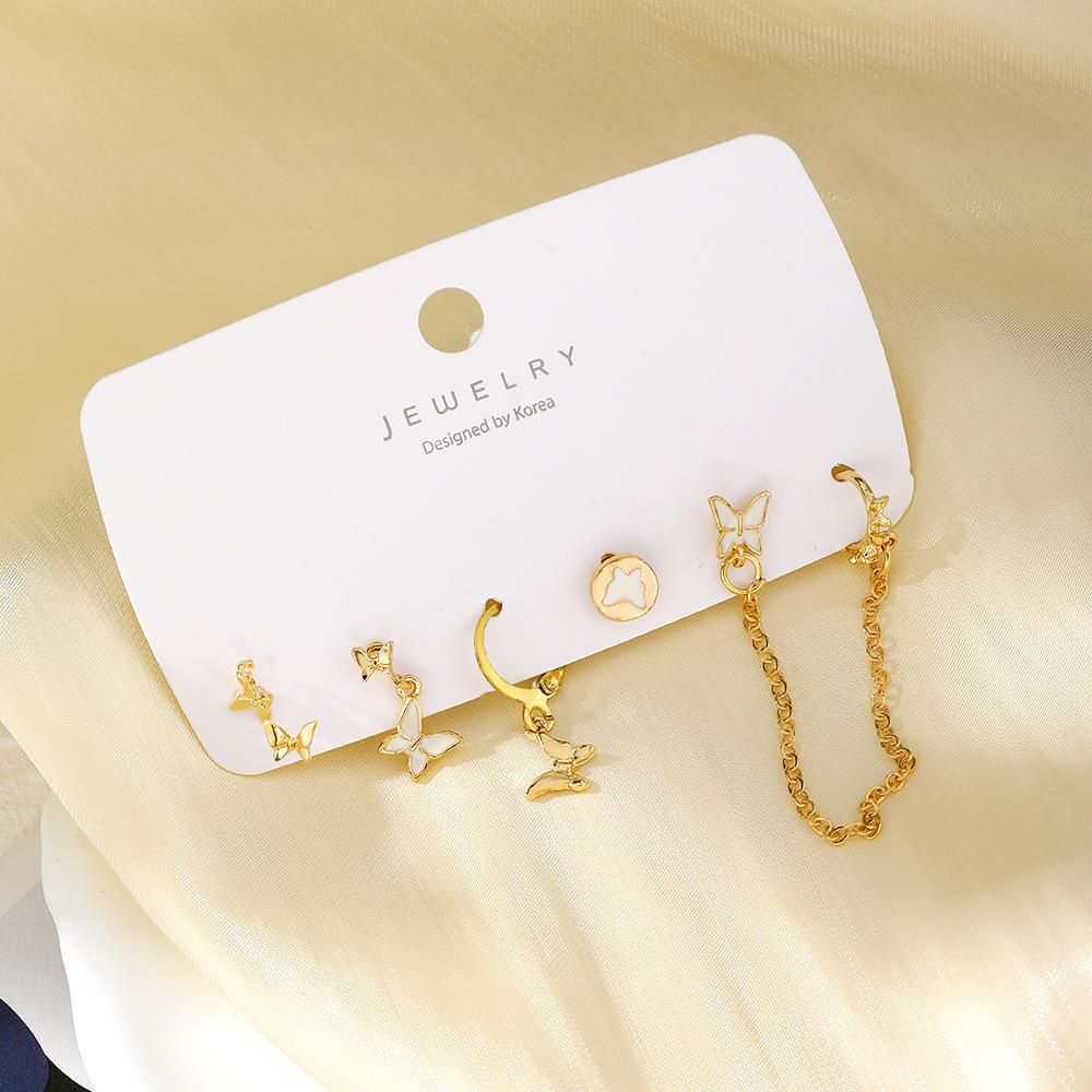 Weißgold, elegante Mädchen-Schmetterlings-Ohrringe, Studentin, Quaste, Glamour, sexy Nachtclub-Accessoires, Geschenk, weiße Tropfkette, Schmetterling, kardiert, 5er-Set Gold