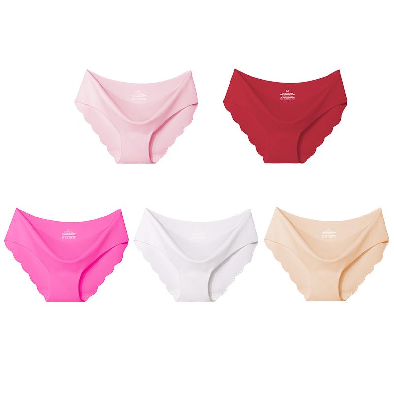 

5Pcs/Set Seamless Ice Silk Panties For Women Intimate Comfort Briefs Large Size 2XL Solid Color Wave Underpants Female Lingere S&5pcs