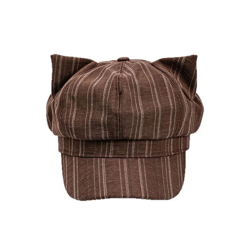 Women Striped Cat Ear Octagonal Hat Japanese Style Versatile Cute Hat