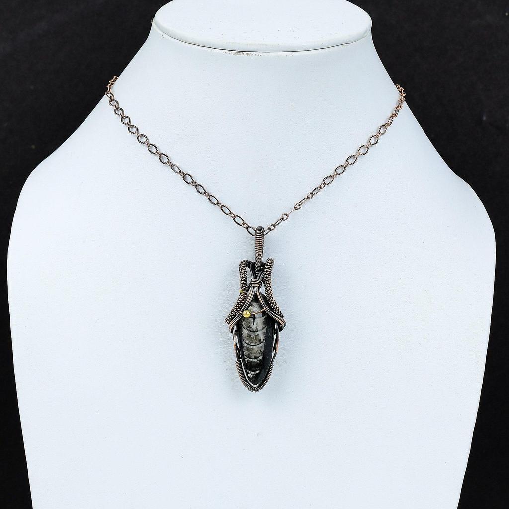 Orthoceras-Fossil-Edelstein, reiner Kupferdraht, umwickelt, handgefertigter Anhänger-Schmuck