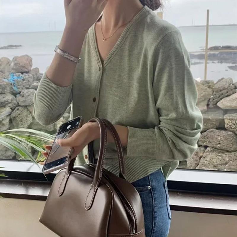 V-neck yellow long-sleeved knitted cardigan top, early autumn new lazy loose thin sweater jacket