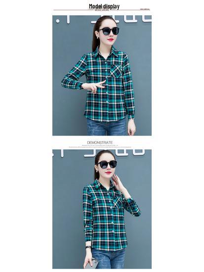 2025 Women's Korean Style Plaid Slimming Shirt - Casual Long Sleeve Print for Spring & Autumn Students