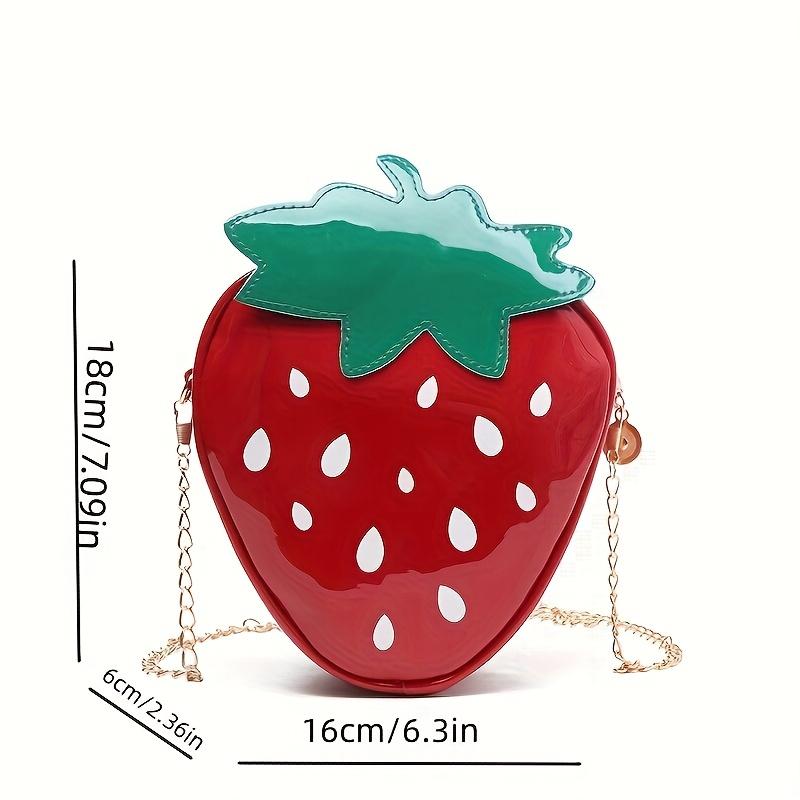 Summer Red Chic Strawberry-Shaped Crossbody Bag for Women Cute with Green Leaves & White Dots, Golden Chain Strap, Novelty Purse
