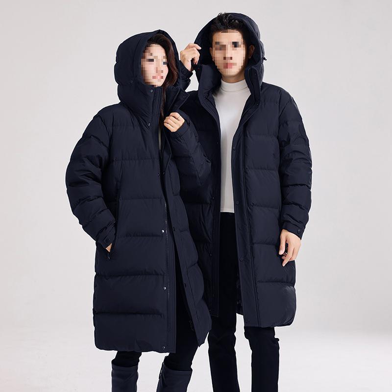 Couple's Long Black Hooded Duck Down Jacket - Thick, High Fill Winter Outerwear
