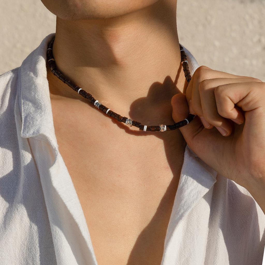 Bohemian Style Surfer Wooden Bead Necklace for Men Hip Hop Niche Simple Beaded Collarbone Chain