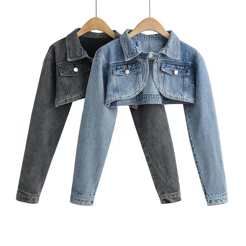 Womens Short Cropped Denim Jacket With Shawl Collar Retro Biker Style High Waist Sexy Fit
