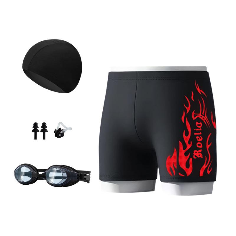 Nylon Flame Men's Swim Trunks & Goggles Set - Quick-Dry Square Leg Training Swimwear