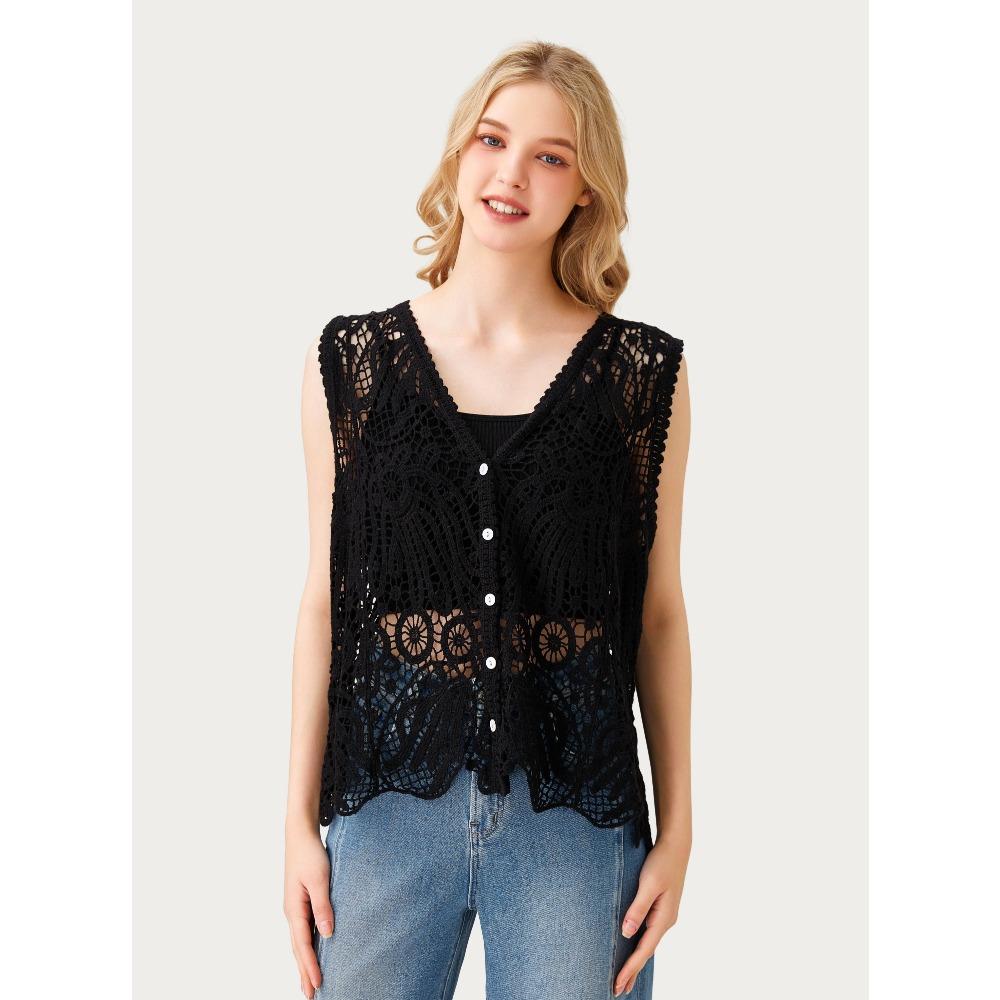 DIMANAF 2026 New T-Shirt Knitting Lace Vest Women Buttons O-Neck Hollow Summer Style Basic Tops Tees Loose Clothing