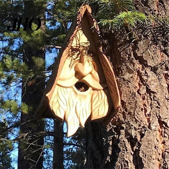 Fairy Birdhouse Happy Spirit Synthetic Resin Human Face Bird Rustic Shelter Nest Hand-Carved Ancient Tree with Carved Hair