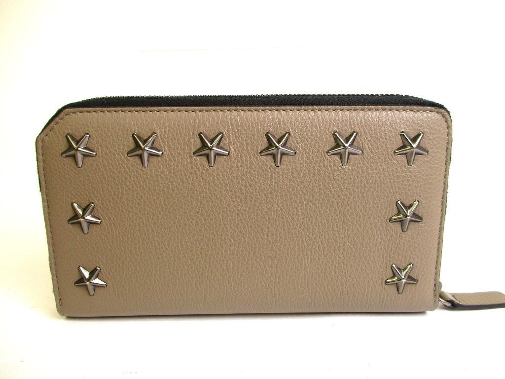 Authentic Jimmy Choo Metal Stars Taupe Leather Round Zip Wallet CARNABY #9979  Refurbished