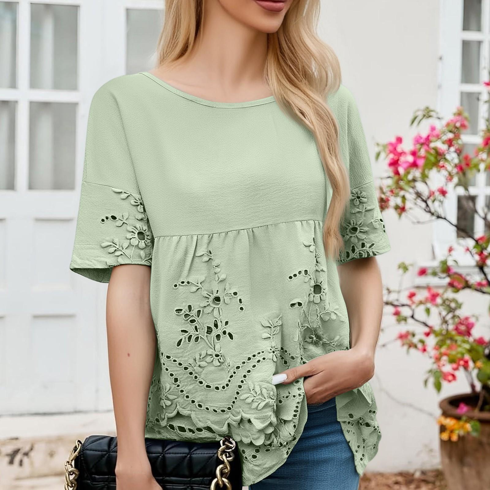 

Женский однотонный топ с круглым вырезом и рукавом средней длины M