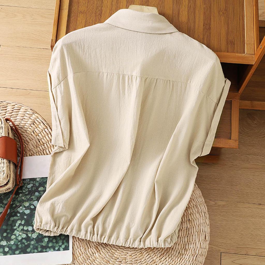 Camicia Casual da Donna a Bottoni Manica Corta Orlo con Coulisse Vestibilità Rilassata Top Leggero per l'Uso Quotidiano