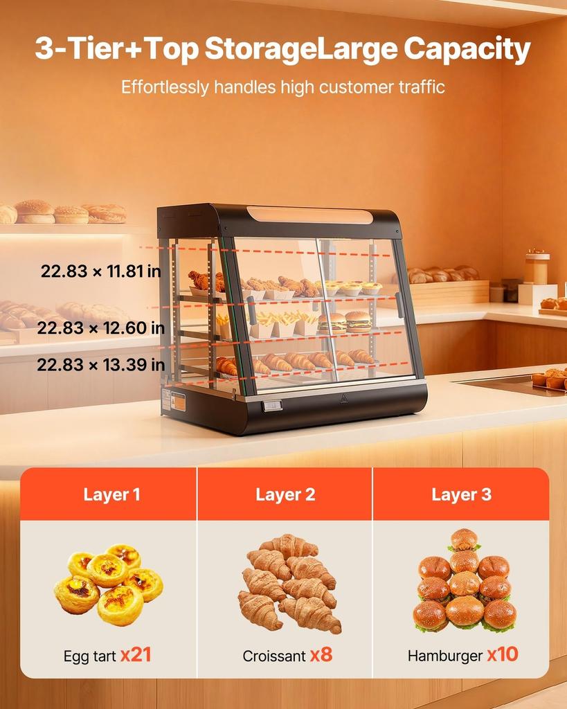 3-Tier Commercial Food Warmer Display, 1200W Food Display Warmer with LED Light, Top Storage and Adjustable Shelves, 30-85 Steam Heating, 106Qt/100L