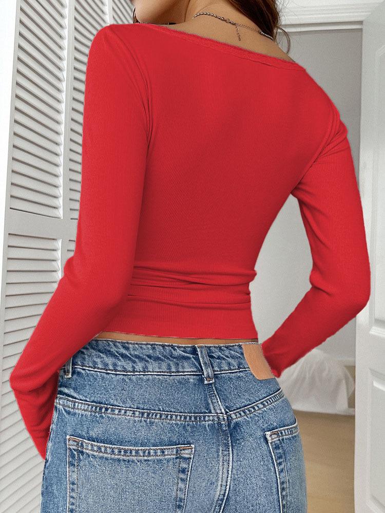 New Autumn/Winter 2025 European Lace Button V-Neck Slim Fit Long Sleeve Women's Top