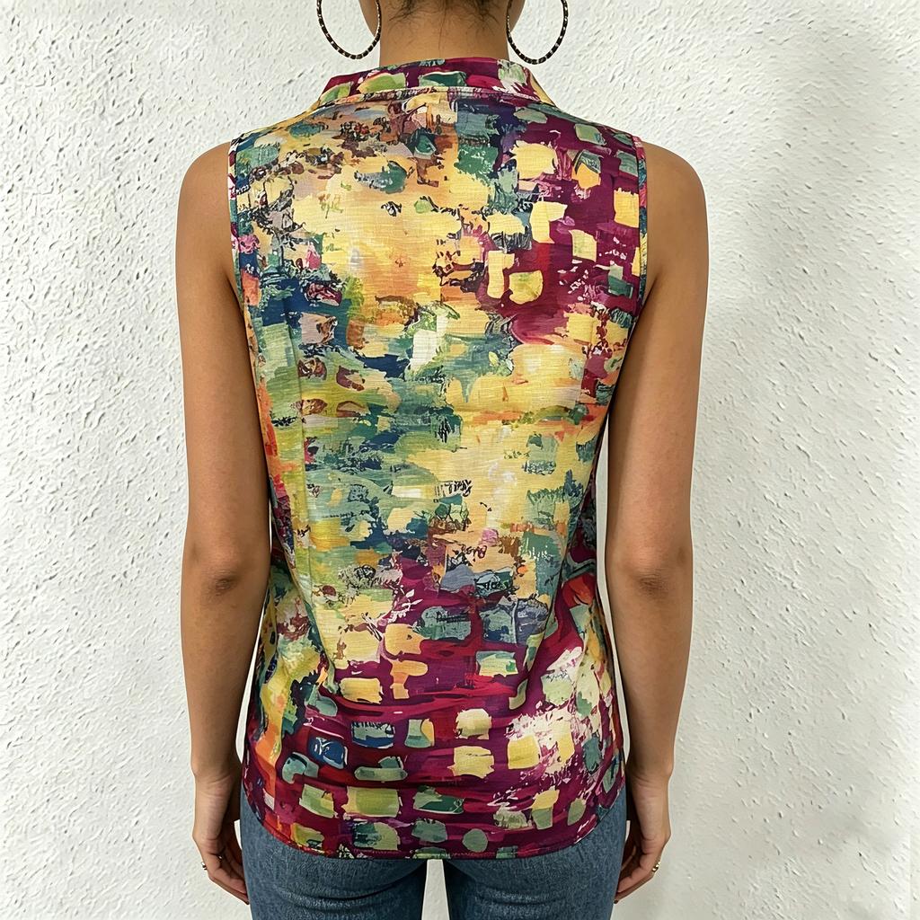 Women Sleeveless V Neck Casual Pullover Digital Print Top Blouse Lightweight Summer Shirt