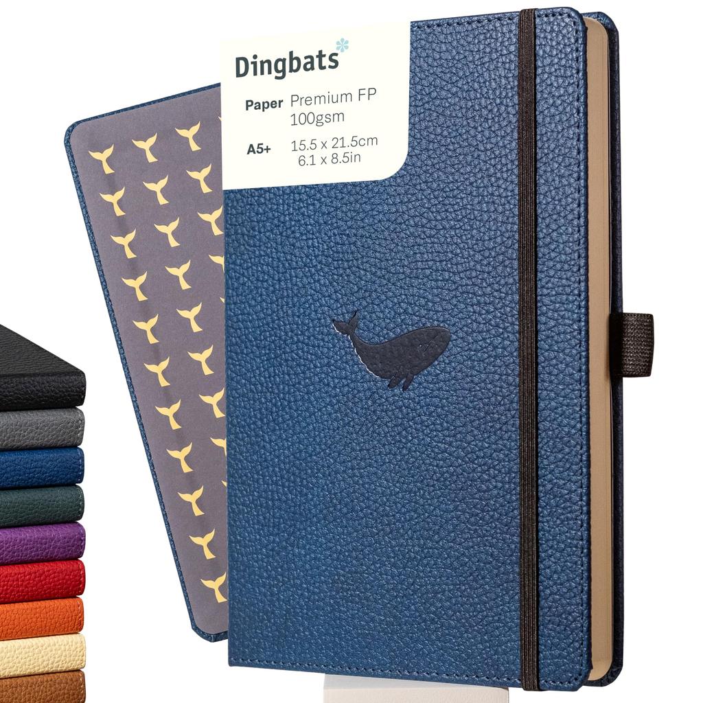 Wildlife Dotted Lined Medium Blue A5 Hardcover Cream 100gsm Paper Includes Bookband Bookmark Notebook, Whale, - - Ink-Resistant - Pocket, &