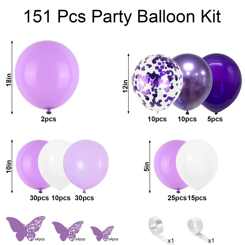 151PCS Purple Latex Balloon Set Suitable for Birthday Parties, Weddings, Valentine's Day Party Decoration
