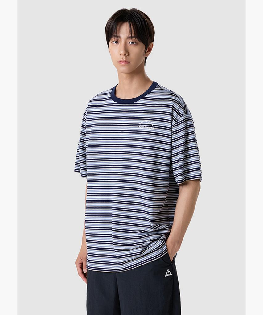 LECOQ Unisex Loose Fit Striped Short Sleeve T-Shirt - Navy Qr213Lrs61