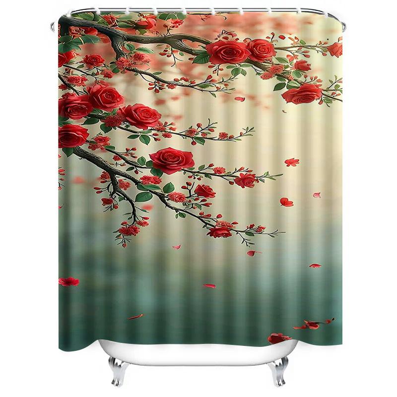 Red Roses on Branch Waterproof Shower Curtain Heat Resistant Machine Washable Non-Transparent 180x180cm