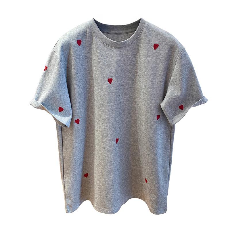 Heart Embroidery Women's European Style T-shirt - Short Sleeve, Loose Fit, Pure Cotton, 2025 Spring Collection