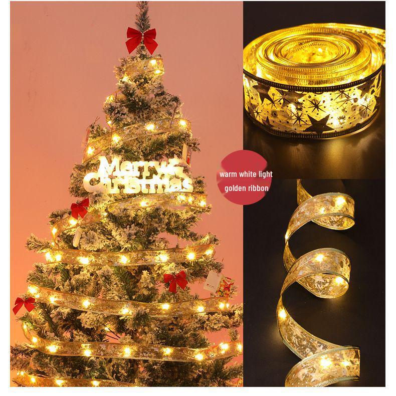Holiday Ribbon LED String Lights & Tree Ornaments - Set of Christmas Balls and Light Strip 