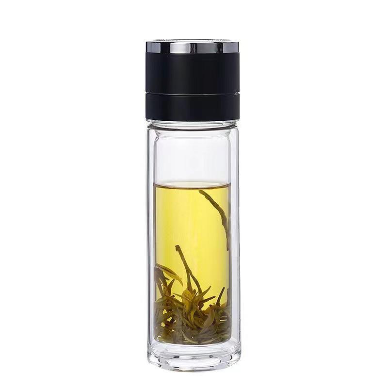 Quick-Open Lid Glass Teacup: Business Car Cup with Tea-Water Separation, Double-Layer High Borosilicate Glass and Printed Design