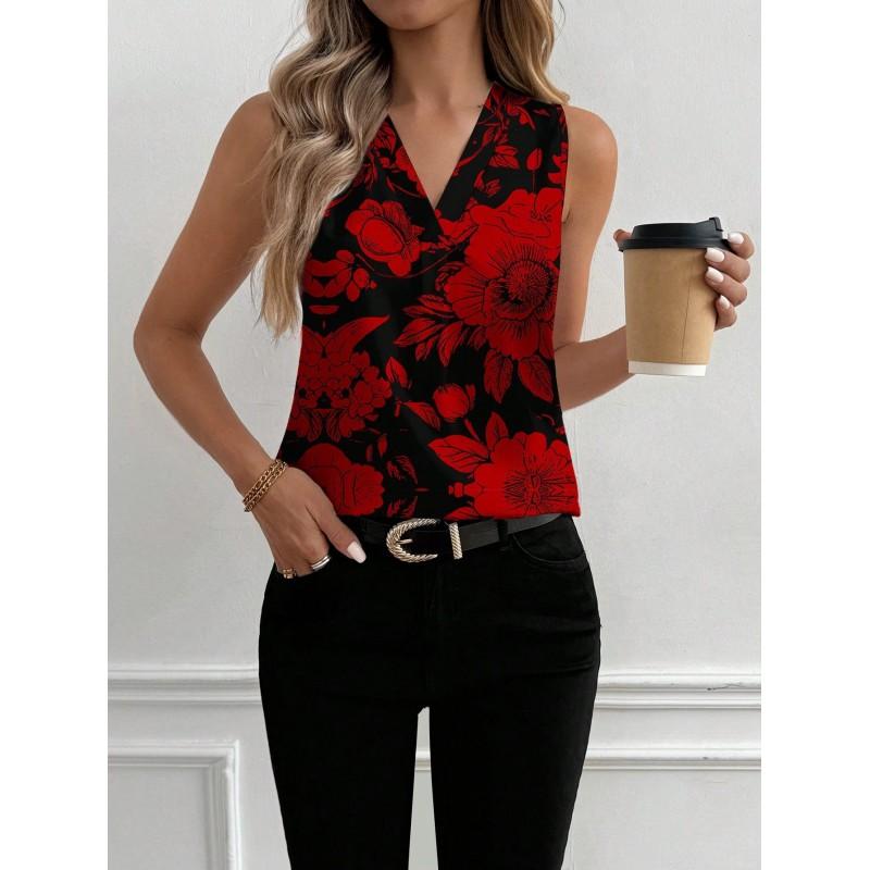 Womens Vintage Floral Print Sleeveless V-Neck Top Comfortable Casual Blouse Soft Cotton-Like Fabric 2025