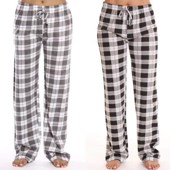 Calças Femininas para Casa Cintura Elástica com Cordão Casual Calças de Perna Larga Estampa Xadrez Caimento Solto Calças de Lazer