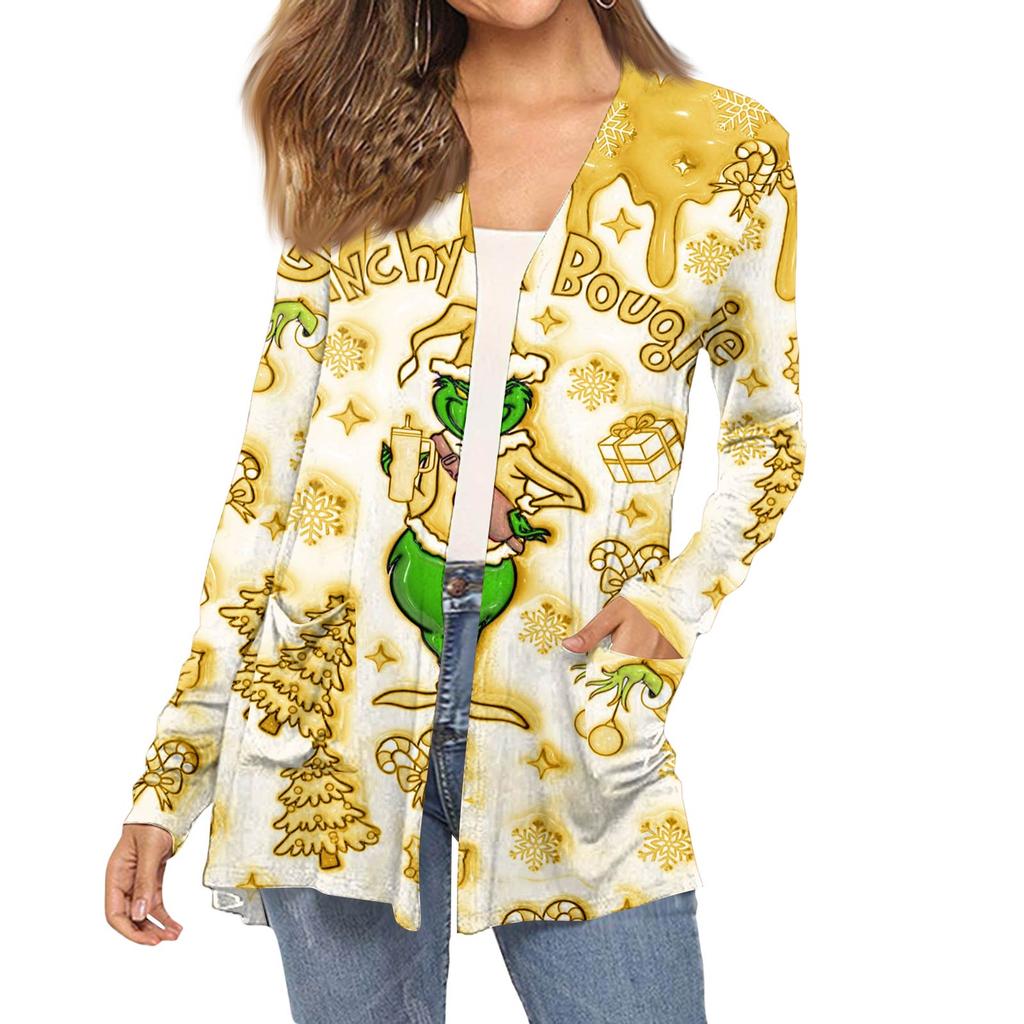 Women's Fashion Christmas Print Long-Sleeved Pocketed Slim-Fit Cardigan Coat