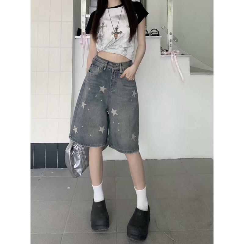 High Waist Loose Wide Leg Star Print Denim Five Point Shorts