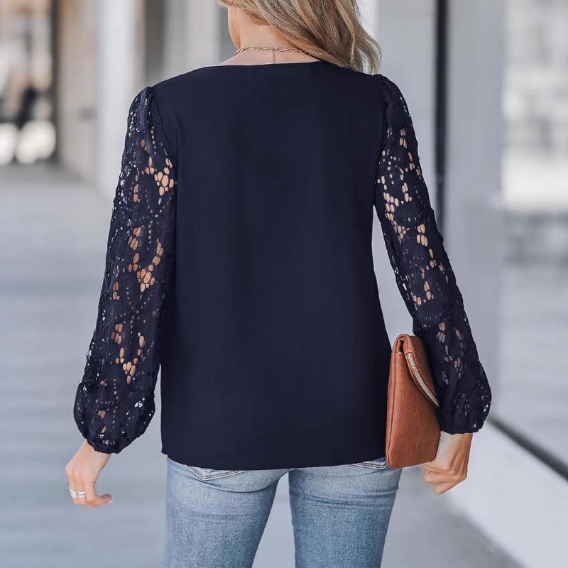 Spring New Women's V-neck Lace Hollow Lace Long-sleeved Loose Pullover Shirt