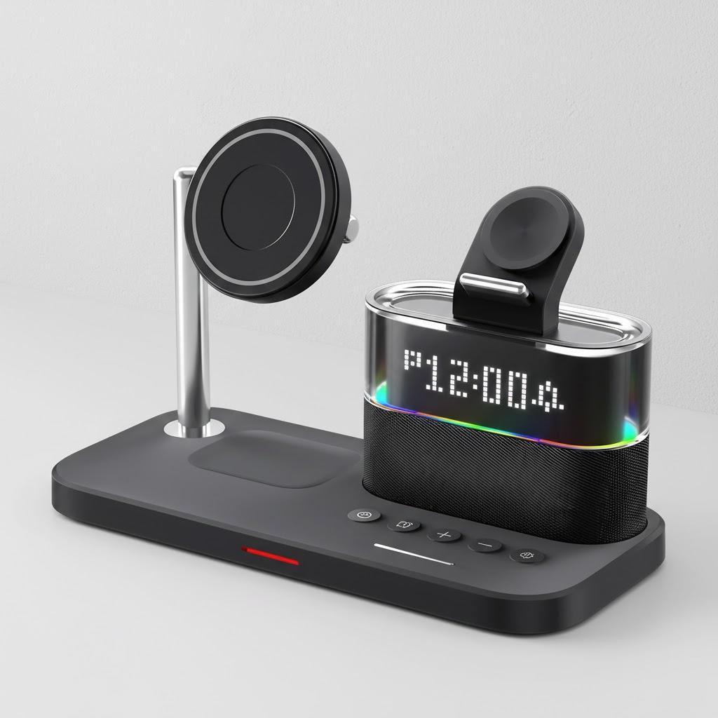 15W 5 in 1 Wireless Charger with Magnetic Clock for iPhone Apple Watch AirPods Samsung Fast Charging Station