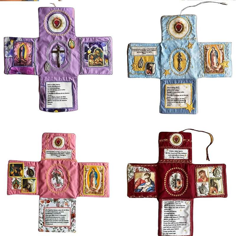 Santuario Tascabile Artigianale Con Croce Inclusa All'interno Sacca in Tessuto Croce della Fede Tasca da Cucito Set da Viaggio Con Immagini di Santi Preghiere