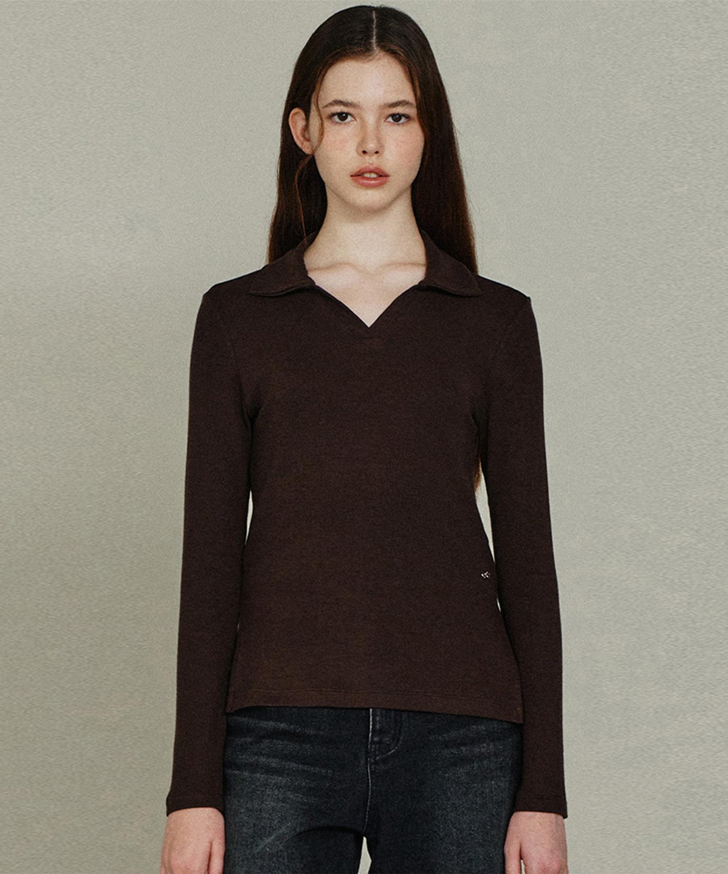 Wool Slim Collared Top Br Brown/Free