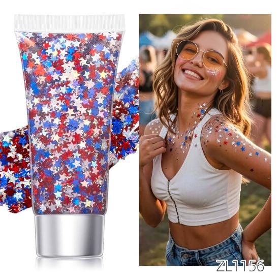 Independence Day Body Glitter Gel, Patriotic Red White Blue Face Hair Glitter, Waterproof Sparkling Makeup Sequins for 4th of July, Holiday Party