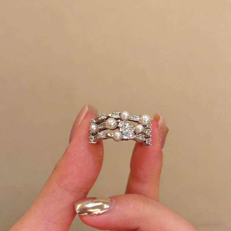Shiny Pentagram Heart Zircon Open Rings For Women Shiny Imitation Pearl Cluster Index Finger Ring Fashion Dating Jewelry
