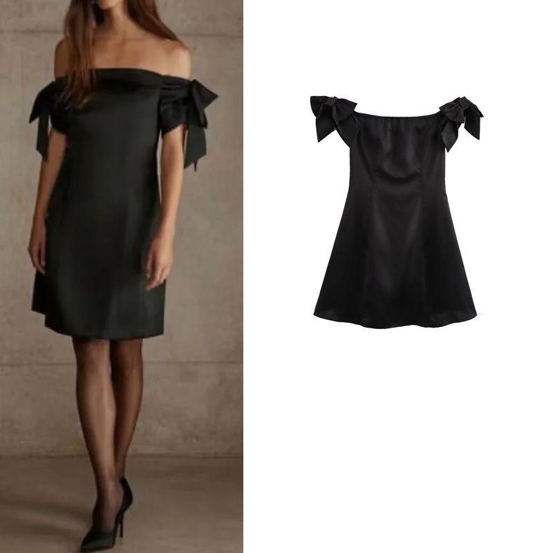 Autumn and Winter New Women Clothes French Style Retro off-Neck Silk Satin Bowknot Decoration Short Mini Dress