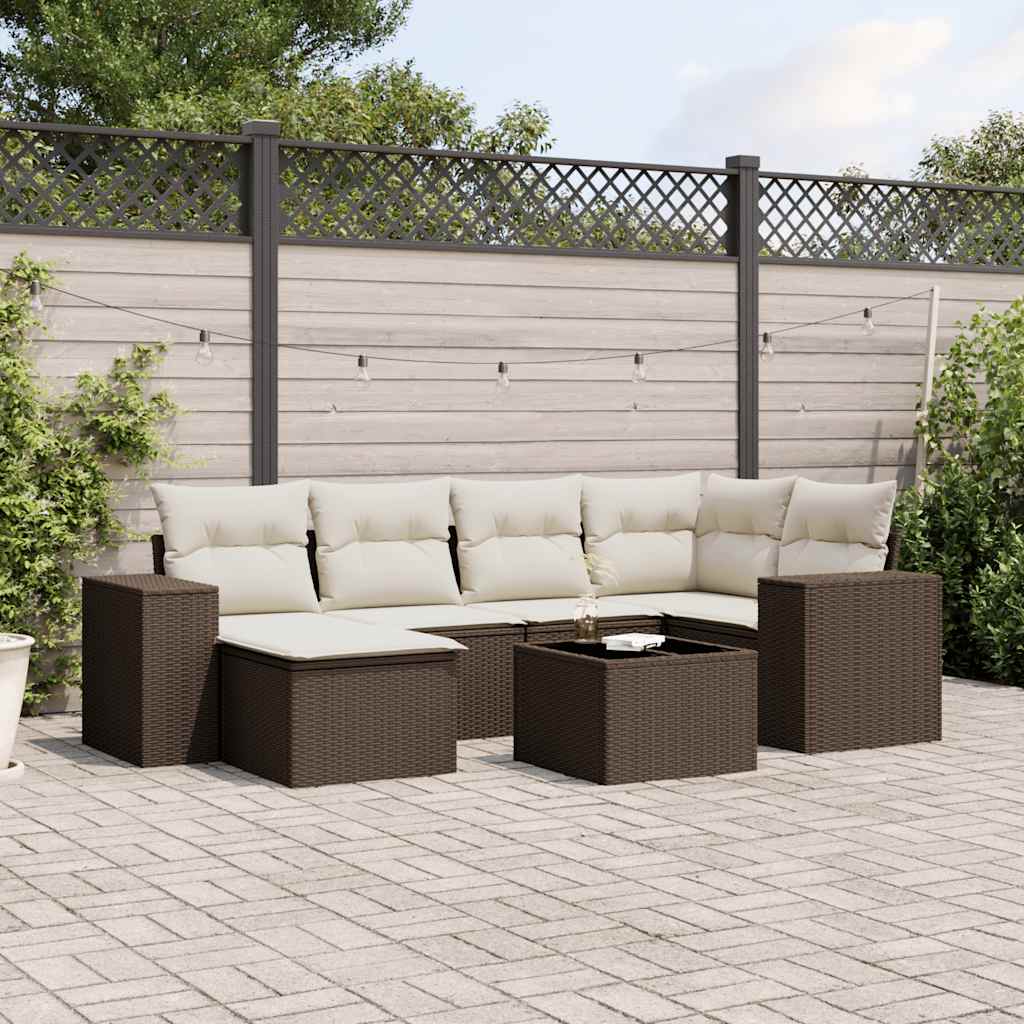 7 Piece Garden Sofa Set with Cushions Brown Poly Rattan