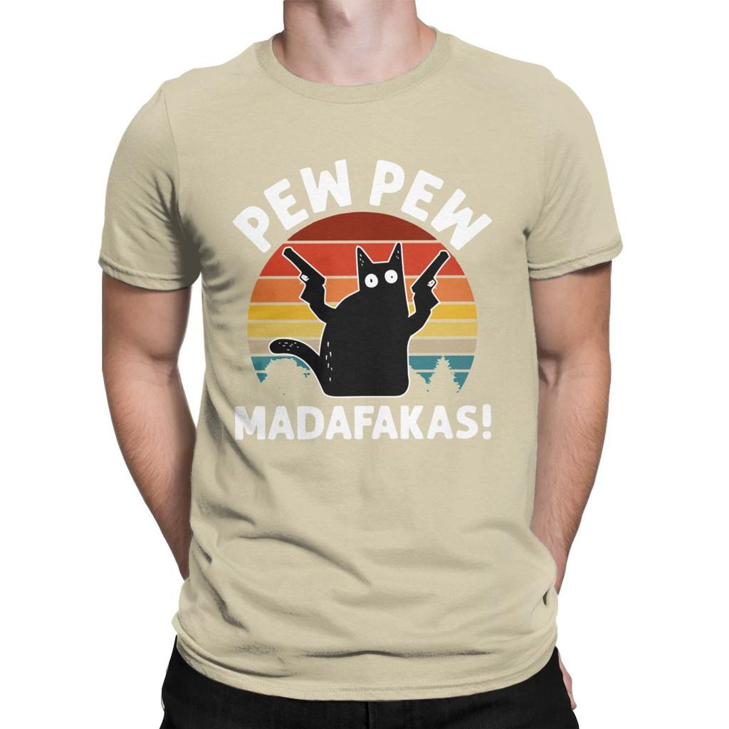Men Vintage Retro Black Cat Pew Pew Madafakas T Shirt Pure Cotton Clothes Funny Short Sleeve Tee Shirt Gift Idea T-Shirts