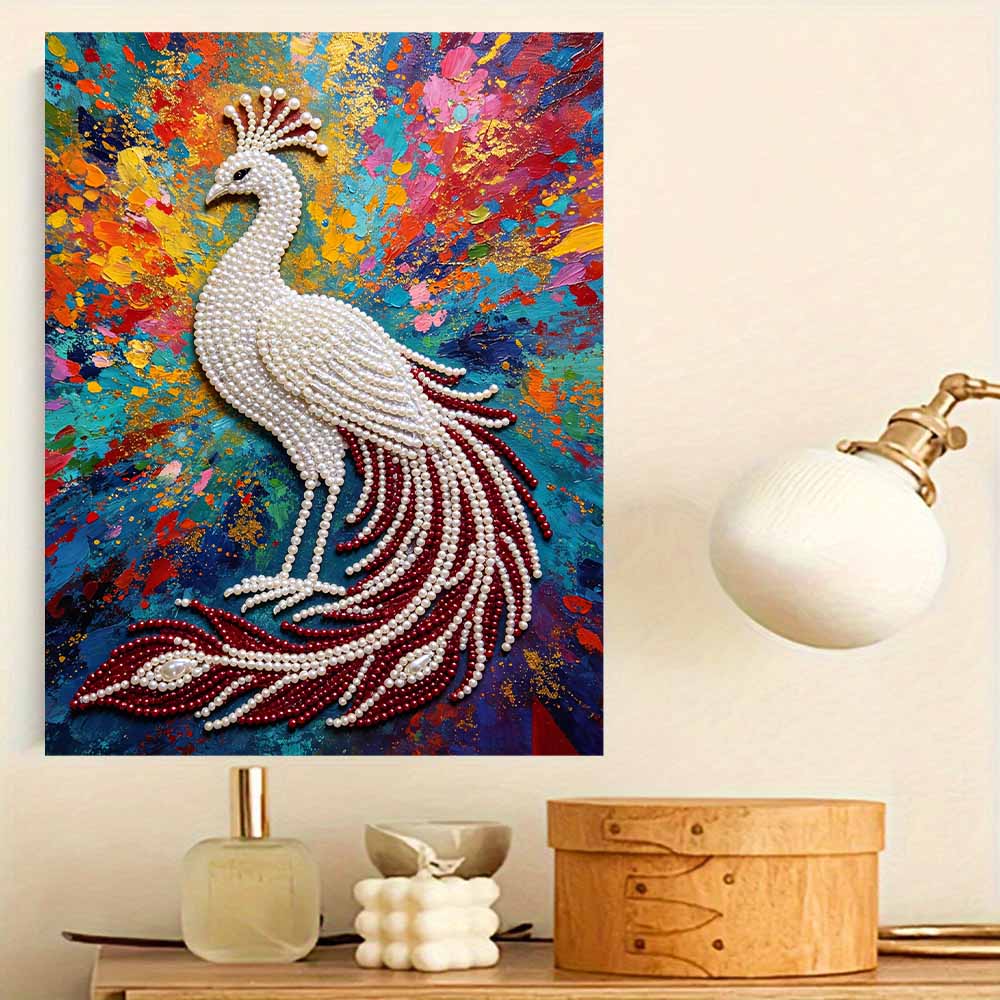 DIY Pearl Gem Colorful Peacock Shining Bead Craft Art Home Wall Ornament Simple Unframed Room Decoration Art Modern Elegant Bird Painting