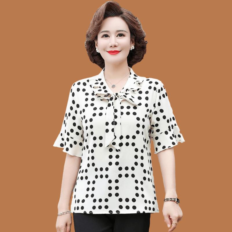 

Новая рубашка мамы Весна Осень Топ с лентой Элегантная для среднего и пожилого возраста Западный стиль Футболка с коротким рукавом 5XL покинуть белый