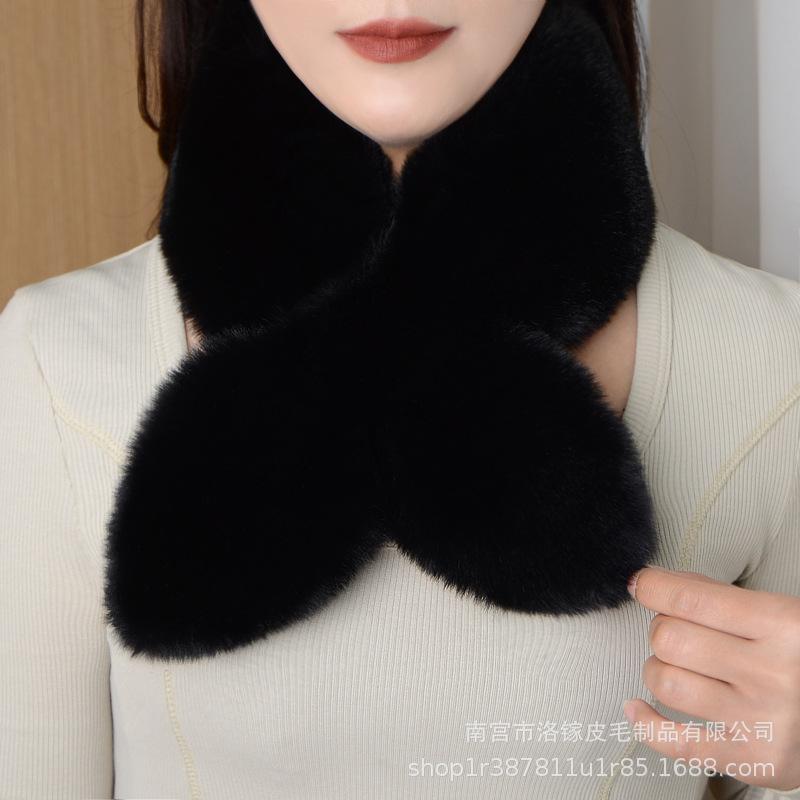 

Шарф женский зимний корейская версия двусторонний плюшевый шарф имитация кроличьего меха рекс утолщенный теплый крестообразный универсальный однотонный осенний чёрный