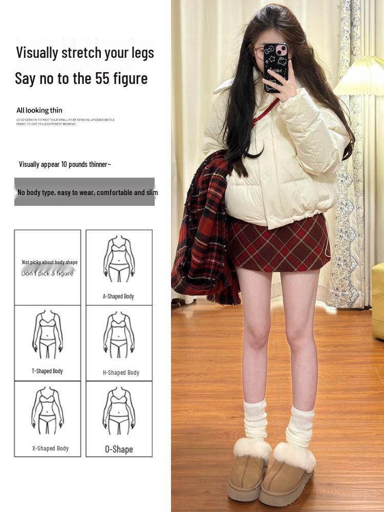 Red Plaid Women's High-Waist A-Line Skirt, Stylish Petite Woolen Skirt for Spring/Autumn 2026.
