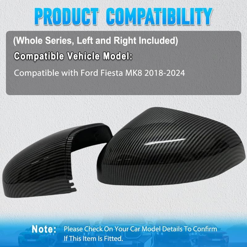 2Pcs Car Side Wing Rearview Mirror Cover Cap Decorate  Trim For Ford Fiesta MK8 2018    -2024 Carbon Fiber Black