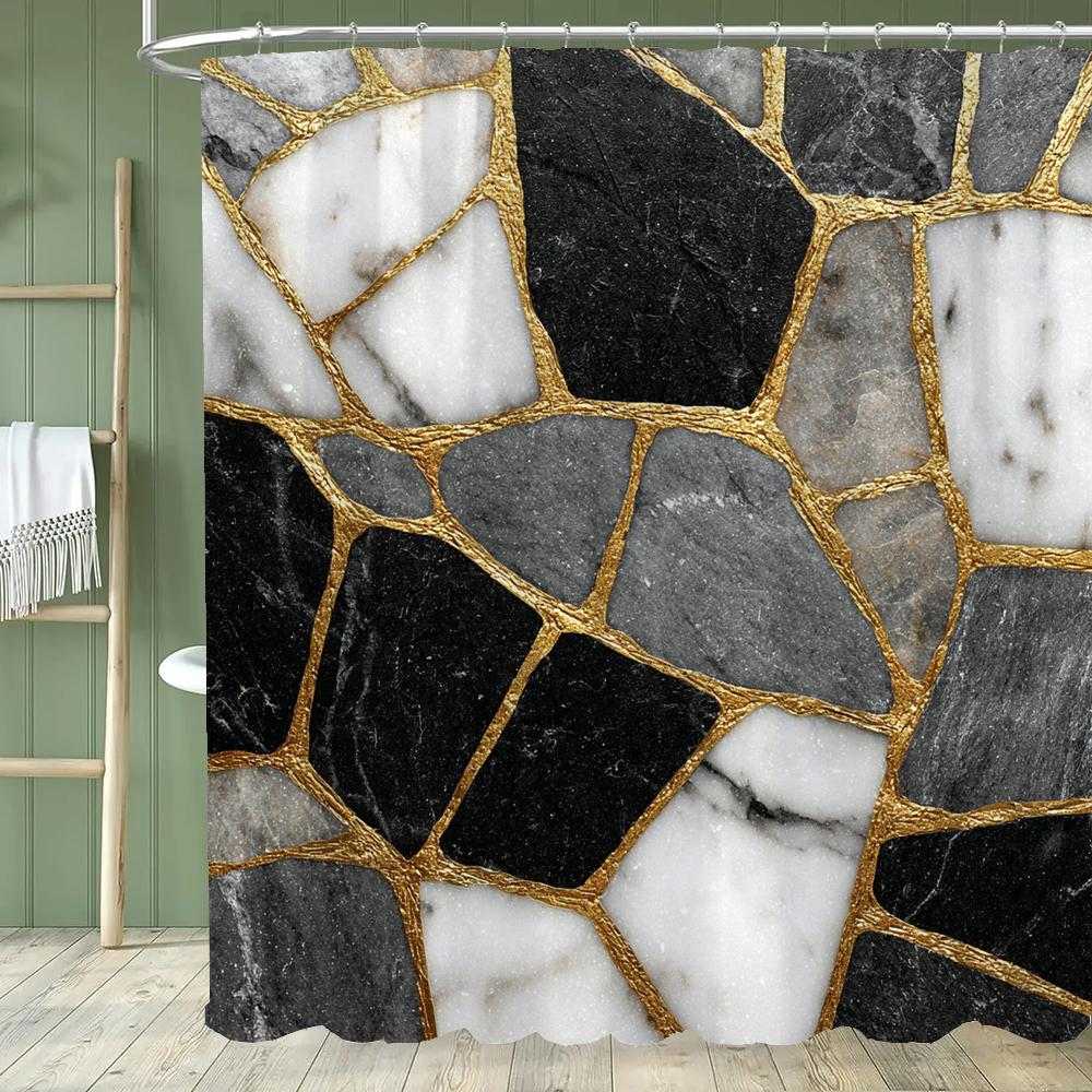 

Modern Plain Black Gold Textured Marble Shower Curtain With Hooks Water Resistant For All Bathroom Styles W60H190(CM)-1 Pcs